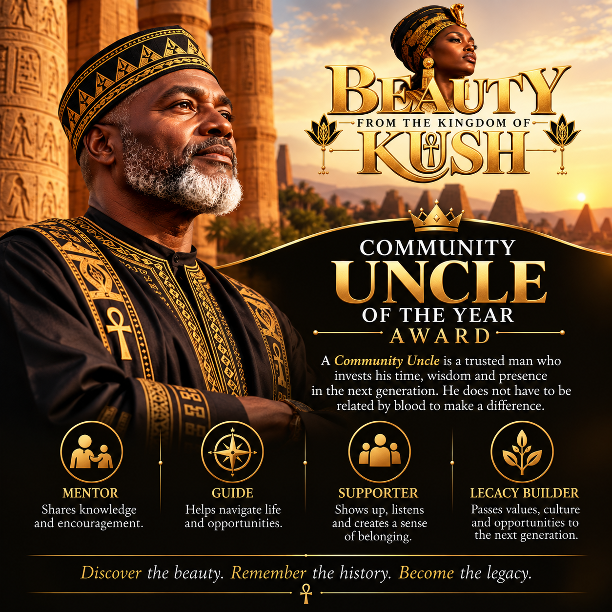 Community Uncle of the Year Award poster featuring a Kushite elder in golden regalia