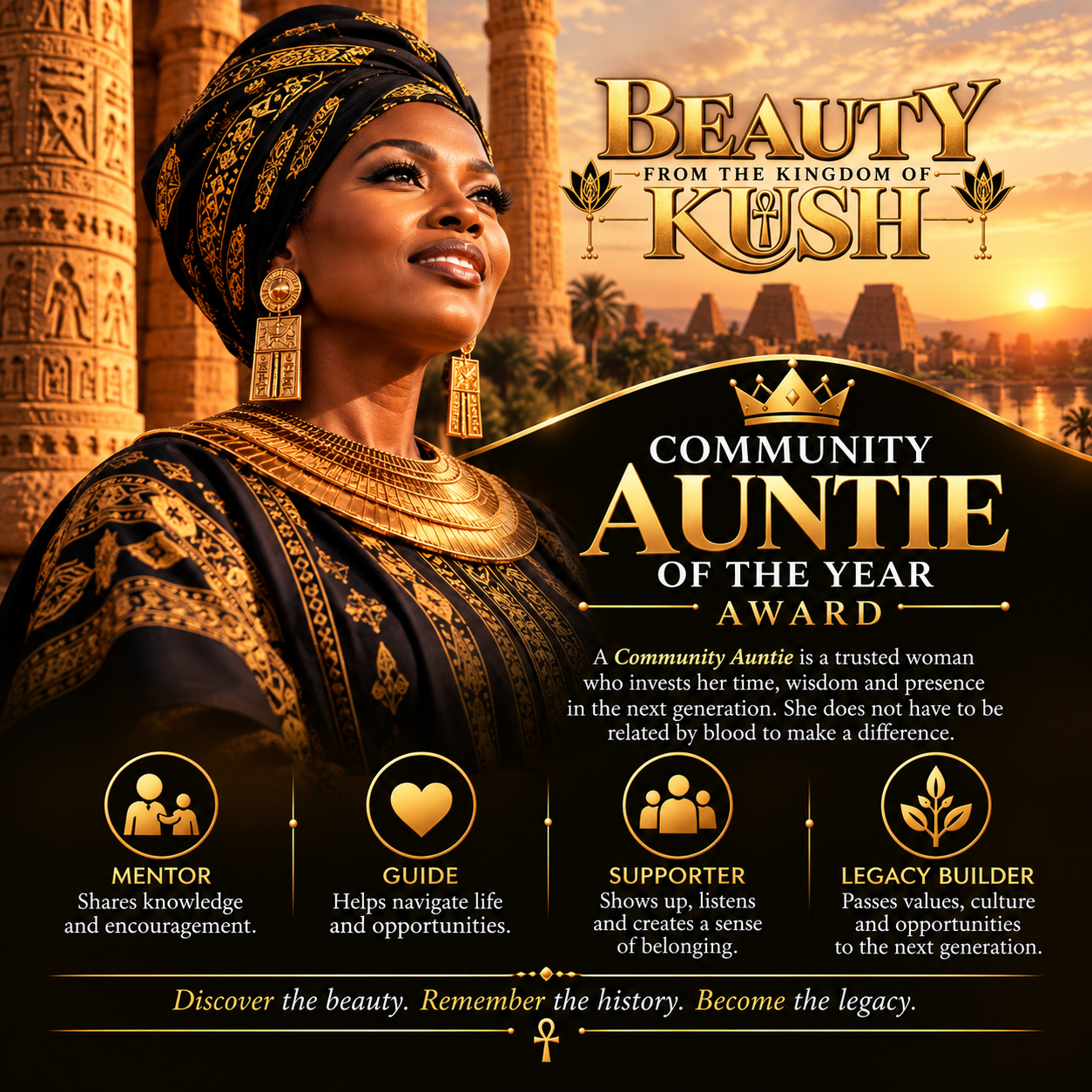 Community Auntie of the Year Award poster featuring a Kushite queen in golden regalia